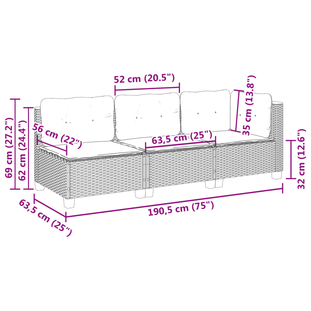 Gartensofa mit Kissen 3-Sitzer Grau Poly Rattan