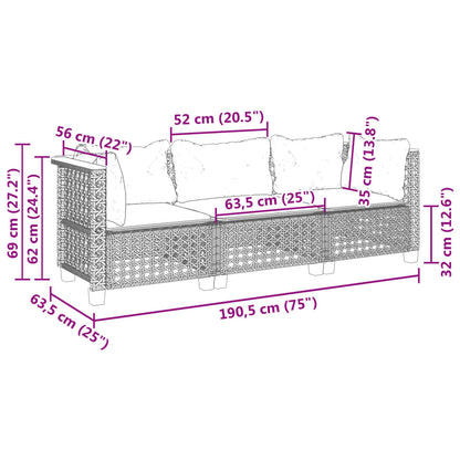 Gartensofa mit Kissen 3-Sitzer Schwarz Poly Rattan