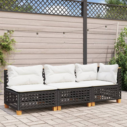 Gartensofa mit Kissen 3-Sitzer Schwarz Poly Rattan