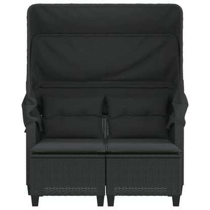 Gartensofa 2-Sitzer mit Dach und Hockern Schwarz Poly Rattan