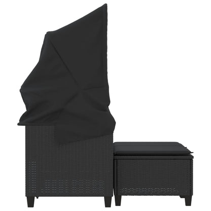 Gartensofa 2-Sitzer mit Dach und Hockern Schwarz Poly Rattan