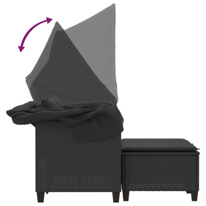 Gartensofa 2-Sitzer mit Dach und Hockern Schwarz Poly Rattan