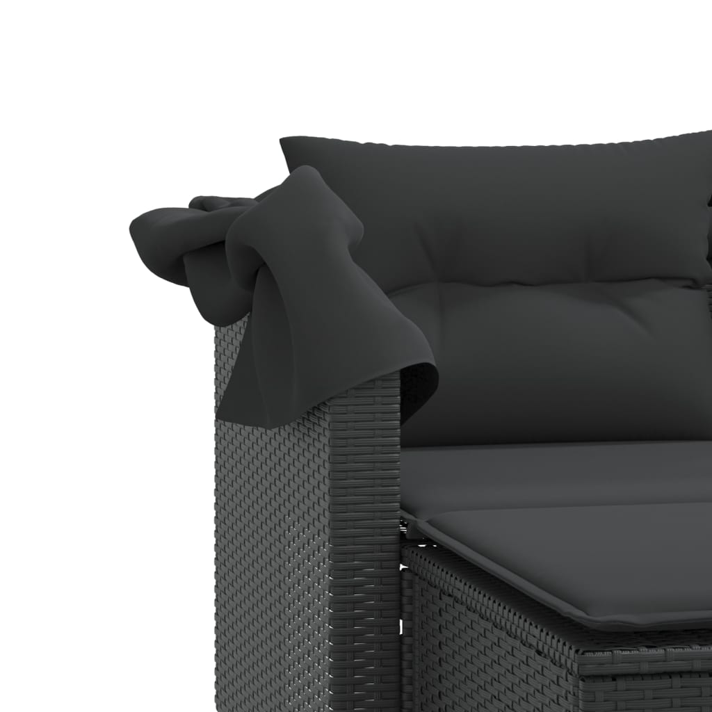 Gartensofa 2-Sitzer mit Dach und Hockern Schwarz Poly Rattan