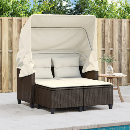 Gartensofa 2-Sitzer mit Dach und Hockern Braun Poly Rattan