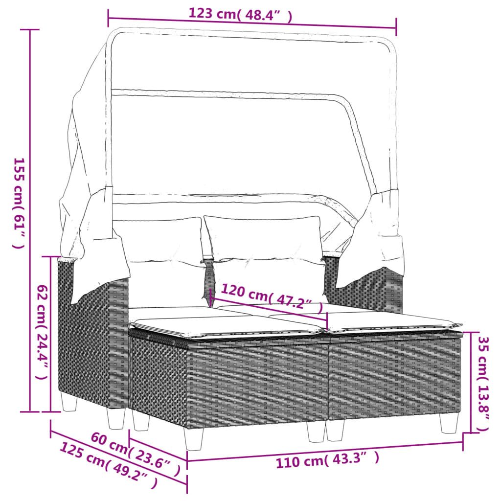 Gartensofa 2-Sitzer mit Dach und Hockern Braun Poly Rattan