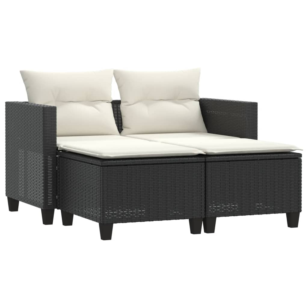 Gartensofa 2-Sitzer mit Hockern Schwarz Poly Rattan