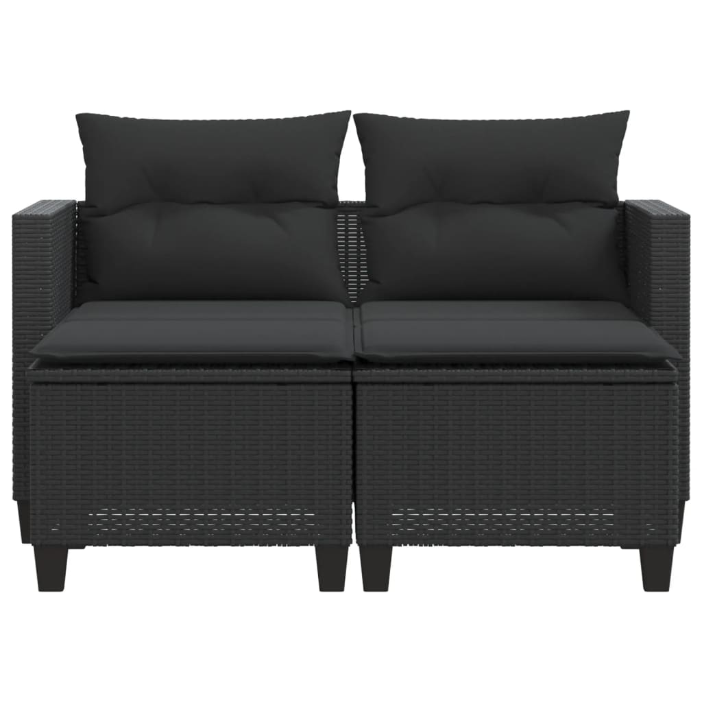 Gartensofa 2-Sitzer mit Hockern Schwarz Poly Rattan