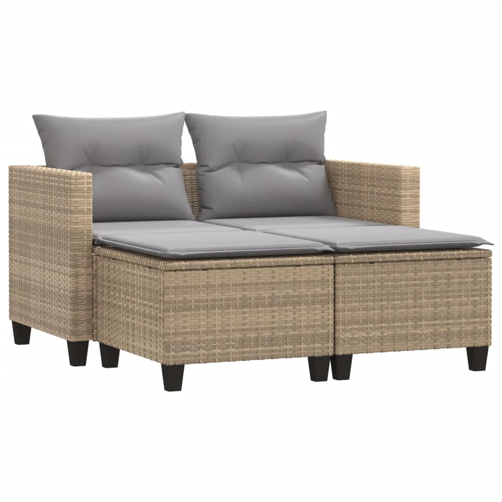 Gartensofa 2-Sitzer mit Hockern Beige Poly Rattan