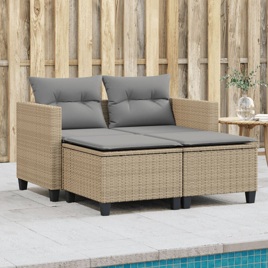 Gartensofa 2-Sitzer mit Hockern Beige Poly Rattan