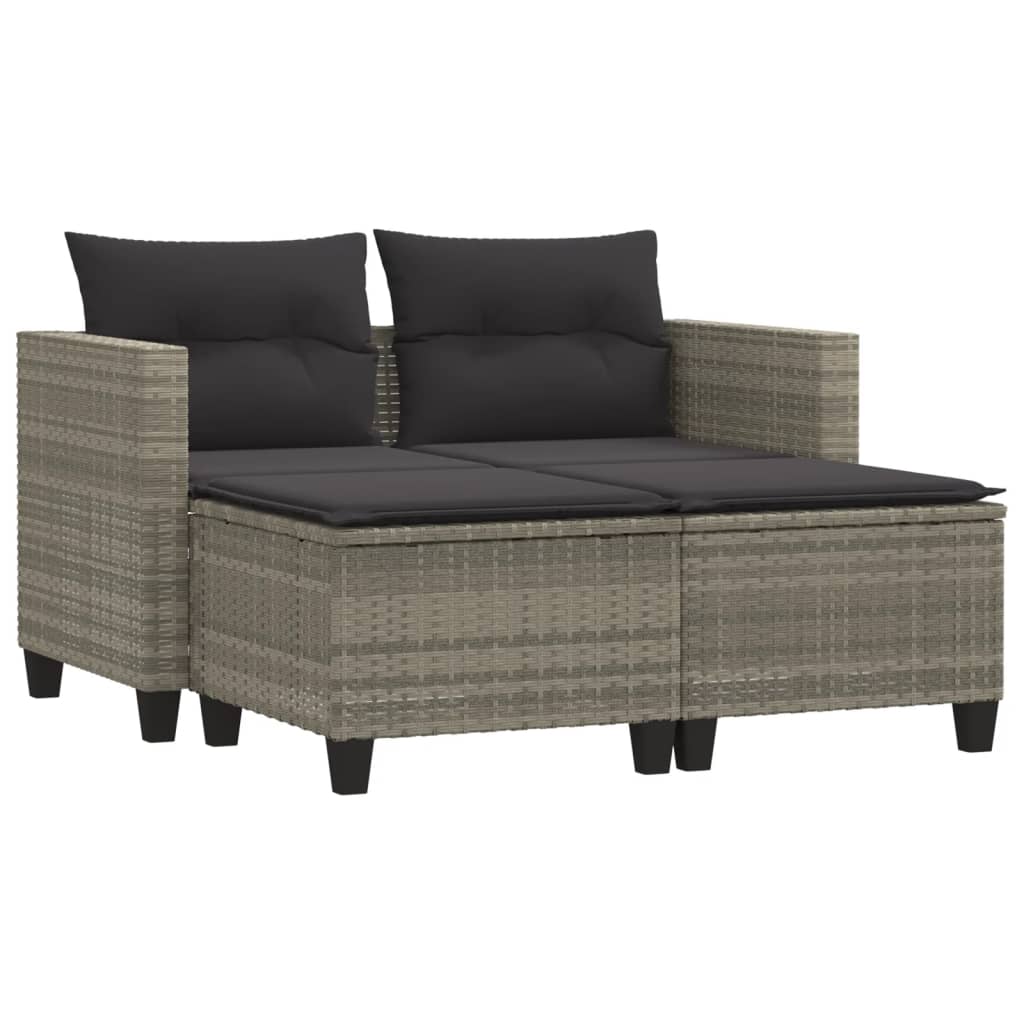 Gartensofa 2-Sitzer mit Hockern Hellgrau Poly Rattan