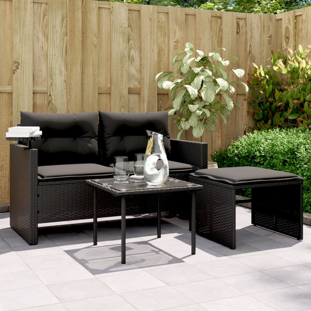 3-tlg. Garten-Sofagarnitur mit Kissen Schwarz Poly Rattan