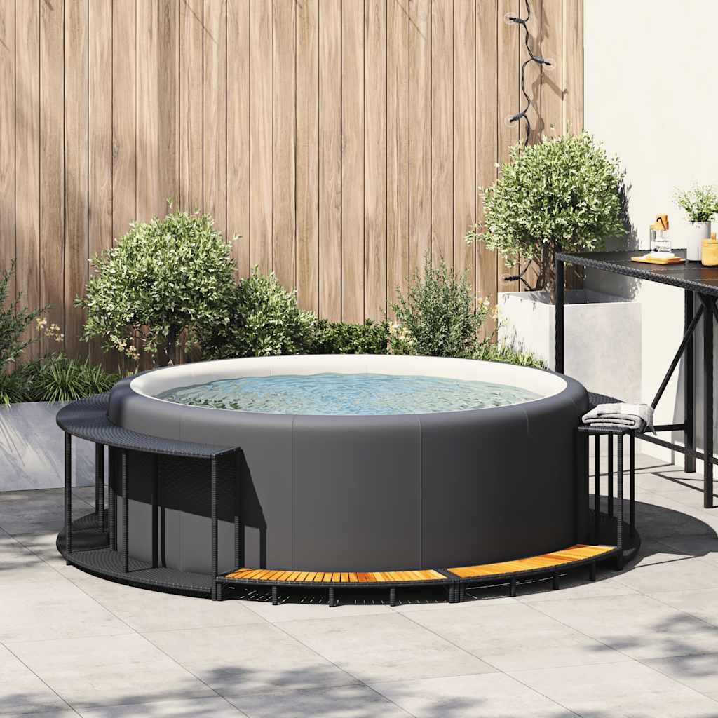 Whirlpool-Umrandung mit Stauraum Holztreppe Schwarz Poly Rattan