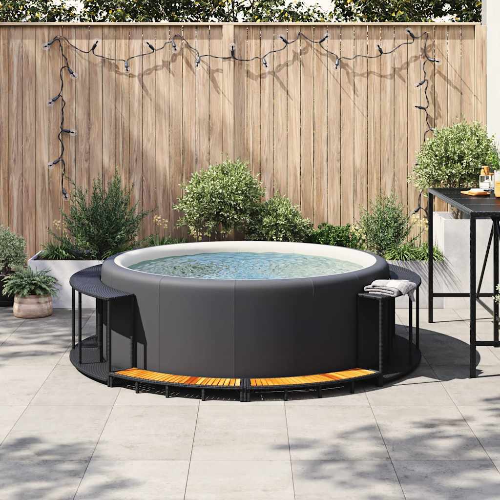 Whirlpool-Umrandung mit Stauraum Holztreppe Schwarz Poly Rattan