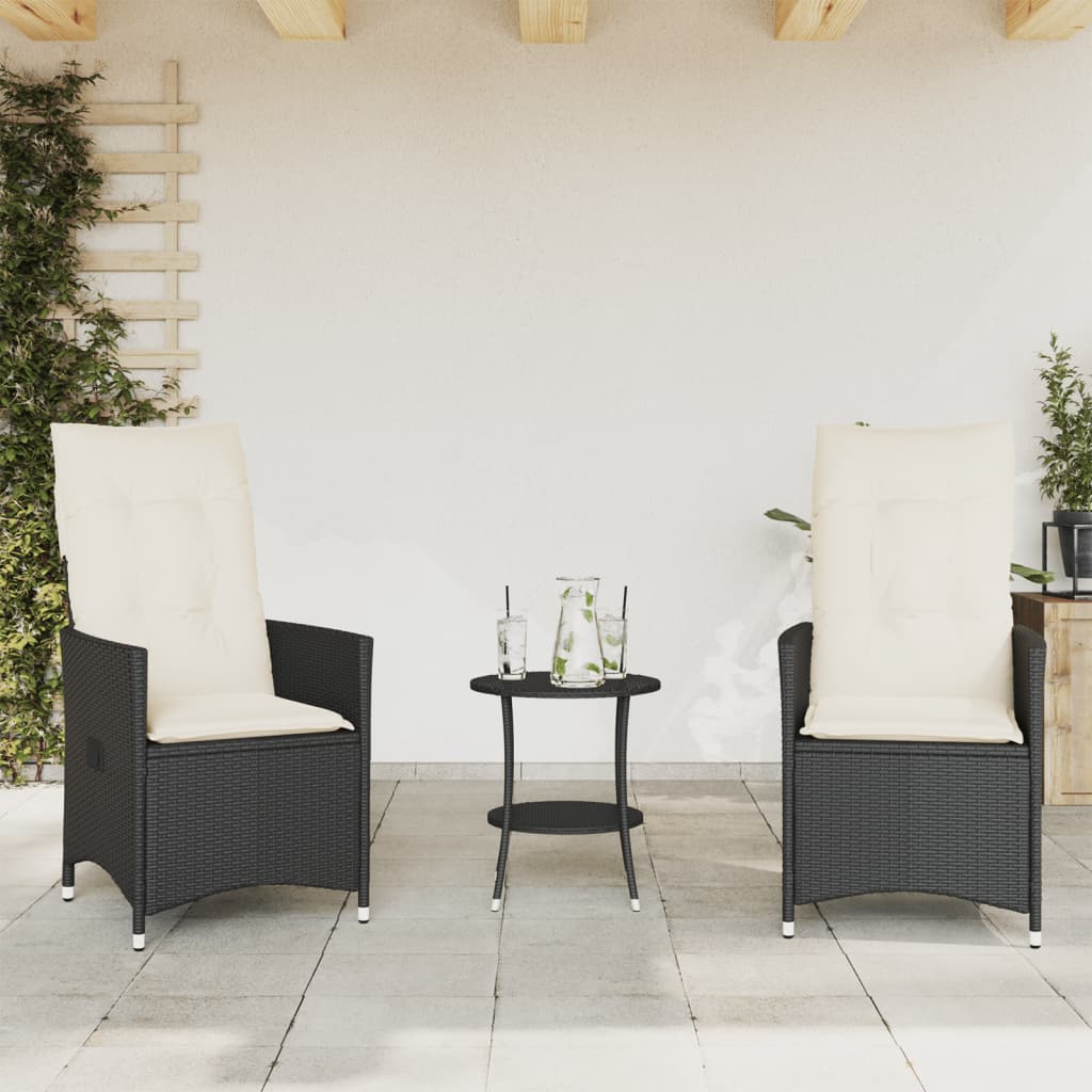 3-tlg. Bistro-Set mit Kissen Schwarz Poly Rattan