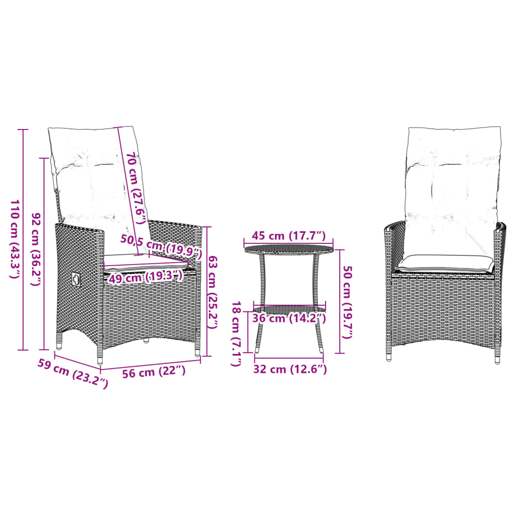 3-tlg. Bistro-Set mit Kissen Schwarz Poly Rattan