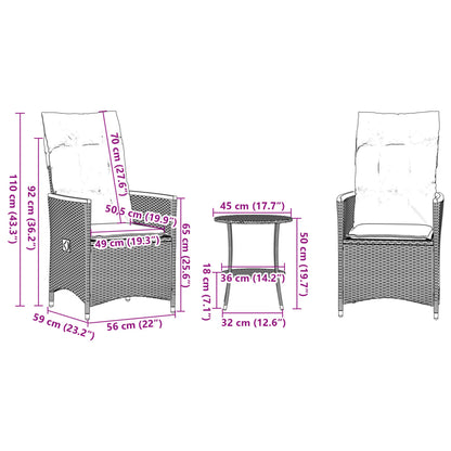 3-tlg. Bistro-Set mit Kissen Schwarz Poly Rattan