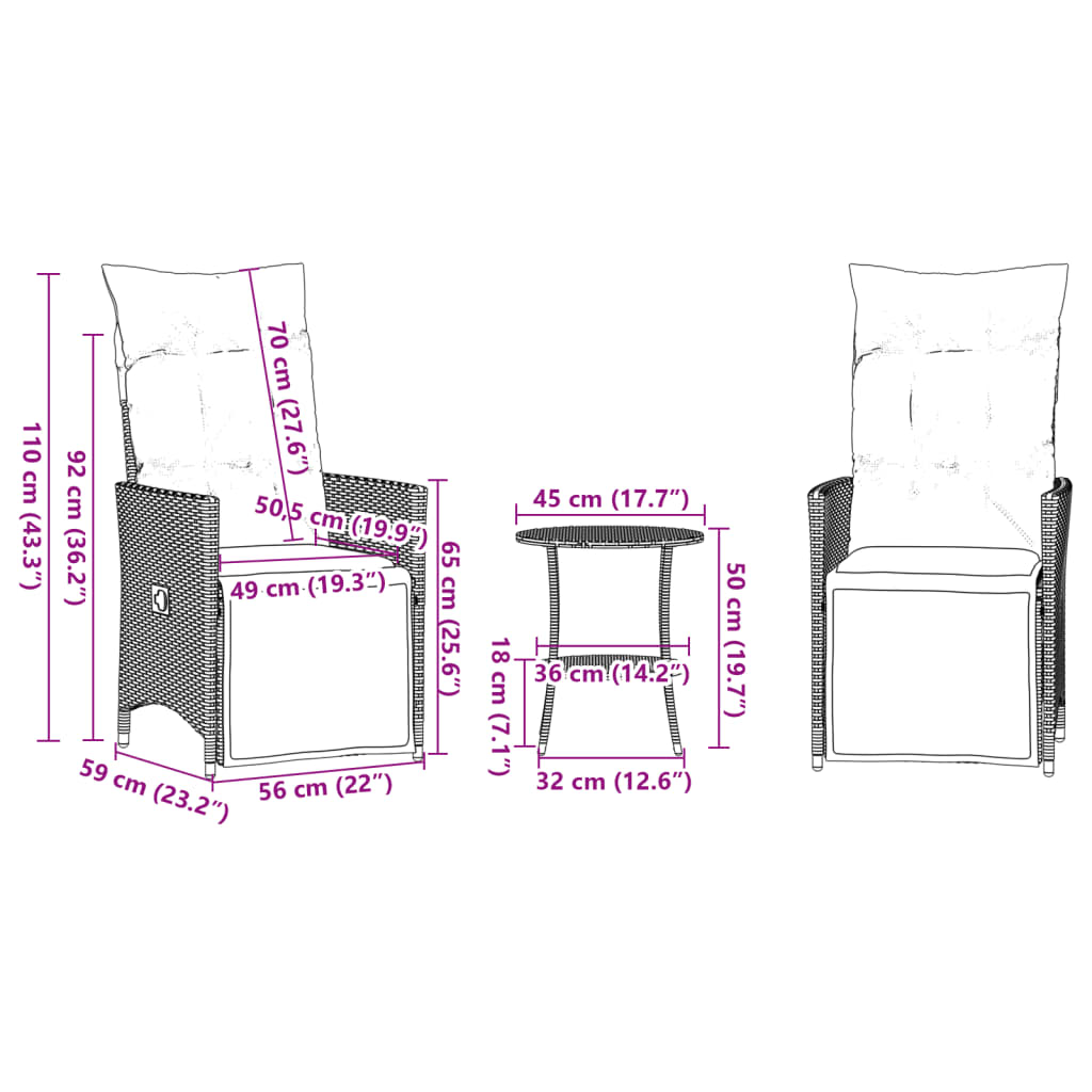 3-tlg. Bistro-Set mit Kissen Schwarz Poly Rattan