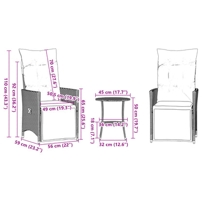 3-tlg. Bistro-Set mit Kissen Braun Poly Rattan