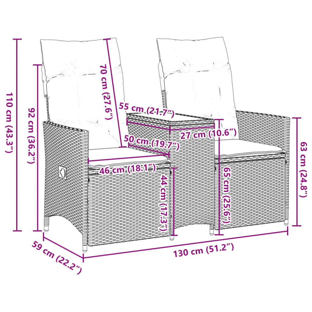 Gartensofa 2-Sitzer Verstellbar mit Tisch Braun Poly Rattan