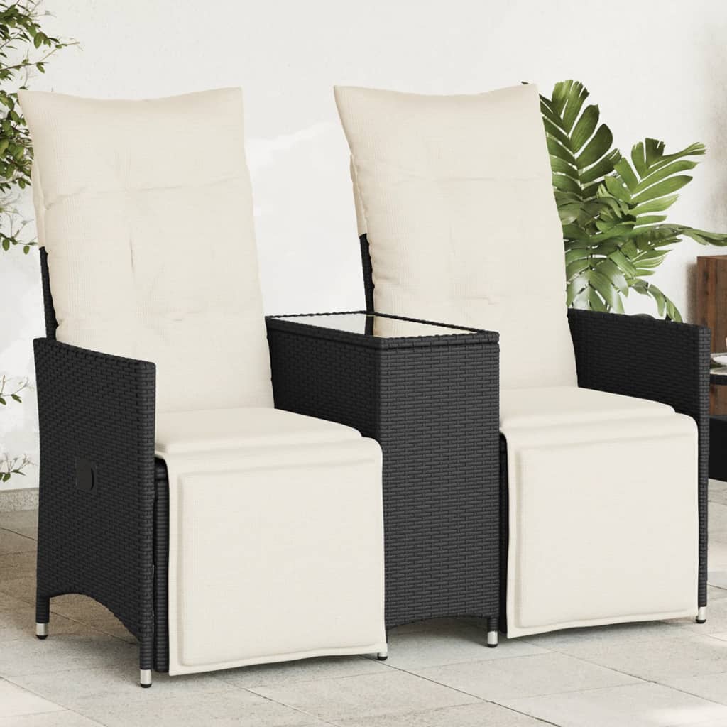 Gartensofa 2-Sitzer Verstellbar mit Tisch Schwarz Poly Rattan