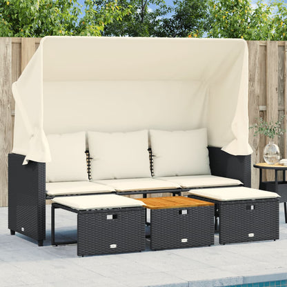 Outdoor-Sofa 3-Sitzer mit Dach und Hockern Schwarz Poly-Rattan