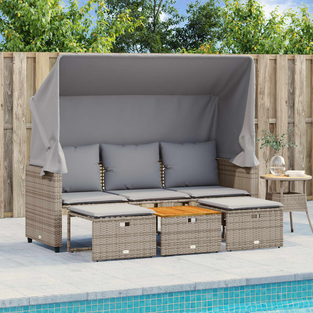 Outdoor-Sofa 3-Sitzer mit Dach und Hockern Grau Poly Rattan