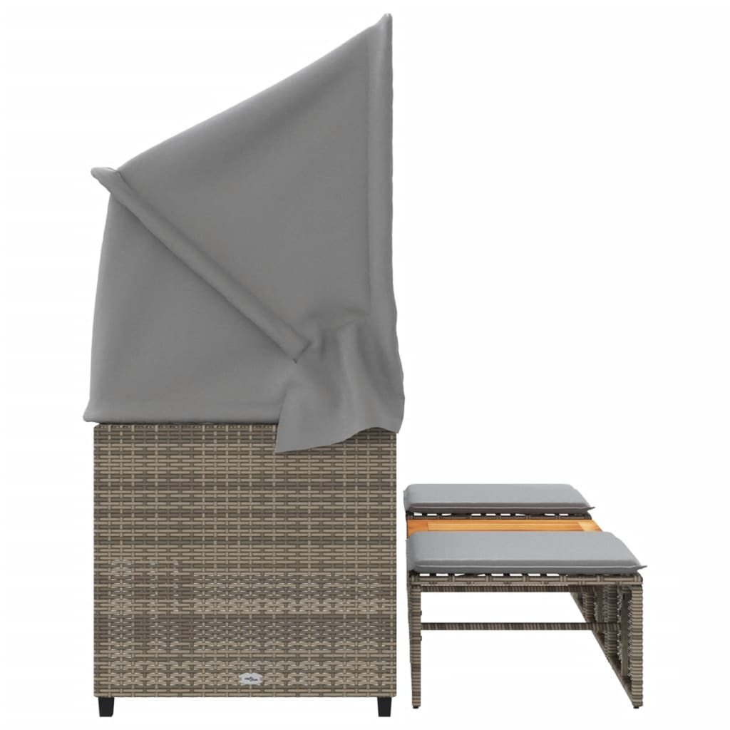 Outdoor-Sofa 3-Sitzer mit Dach und Hockern Grau Poly Rattan