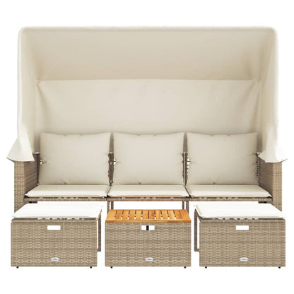 Outdoor-Sofa 3-Sitzer mit Dach und Hockern Beige Poly Rattan