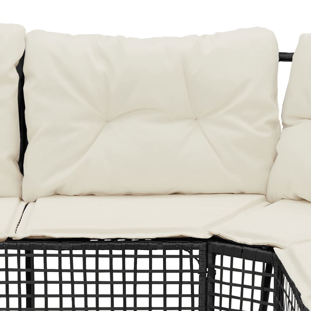 Gartensofa in L-Form mit Kissen und Fußbank Schwarz Poly Rattan