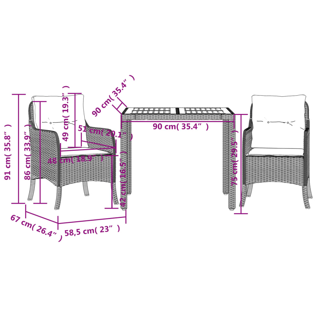 3-tlg. Garten-Essgruppe mit Kissen Grau Poly Rattan