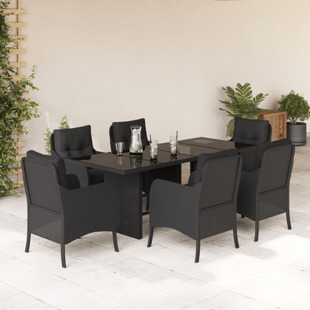 7-tlg. Garten-Essgruppe mit Kissen Schwarz Poly Rattan