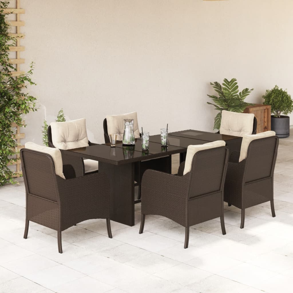 7-tlg. Garten-Essgruppe mit Kissen Braun Poly Rattan