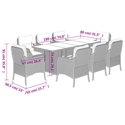 9-tlg. Garten-Essgruppe mit Kissen Braun Poly Rattan