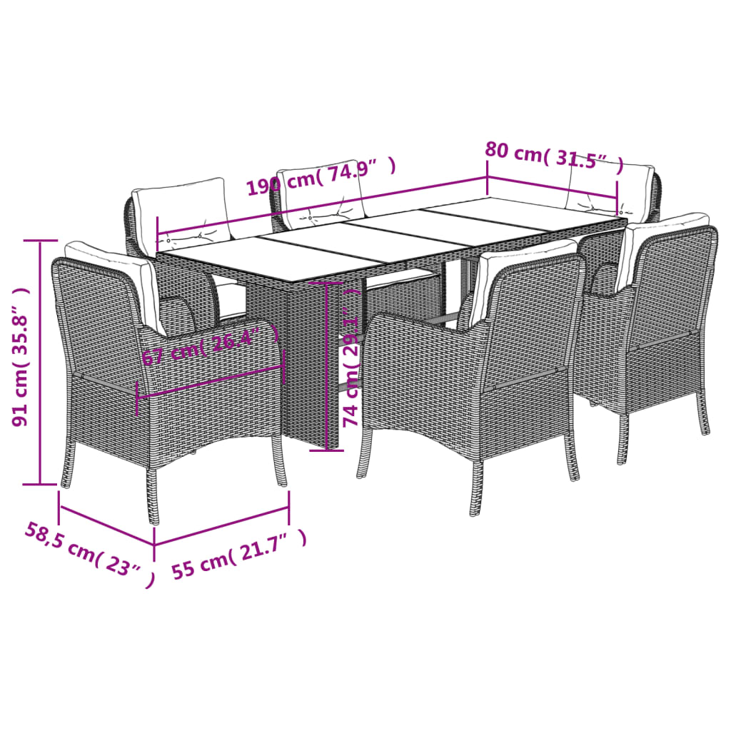 7-tlg. Garten-Essgruppe mit Kissen Grau Poly Rattan