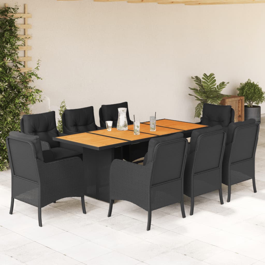 9-tlg. Garten-Essgruppe mit Kissen Schwarz Poly Rattan