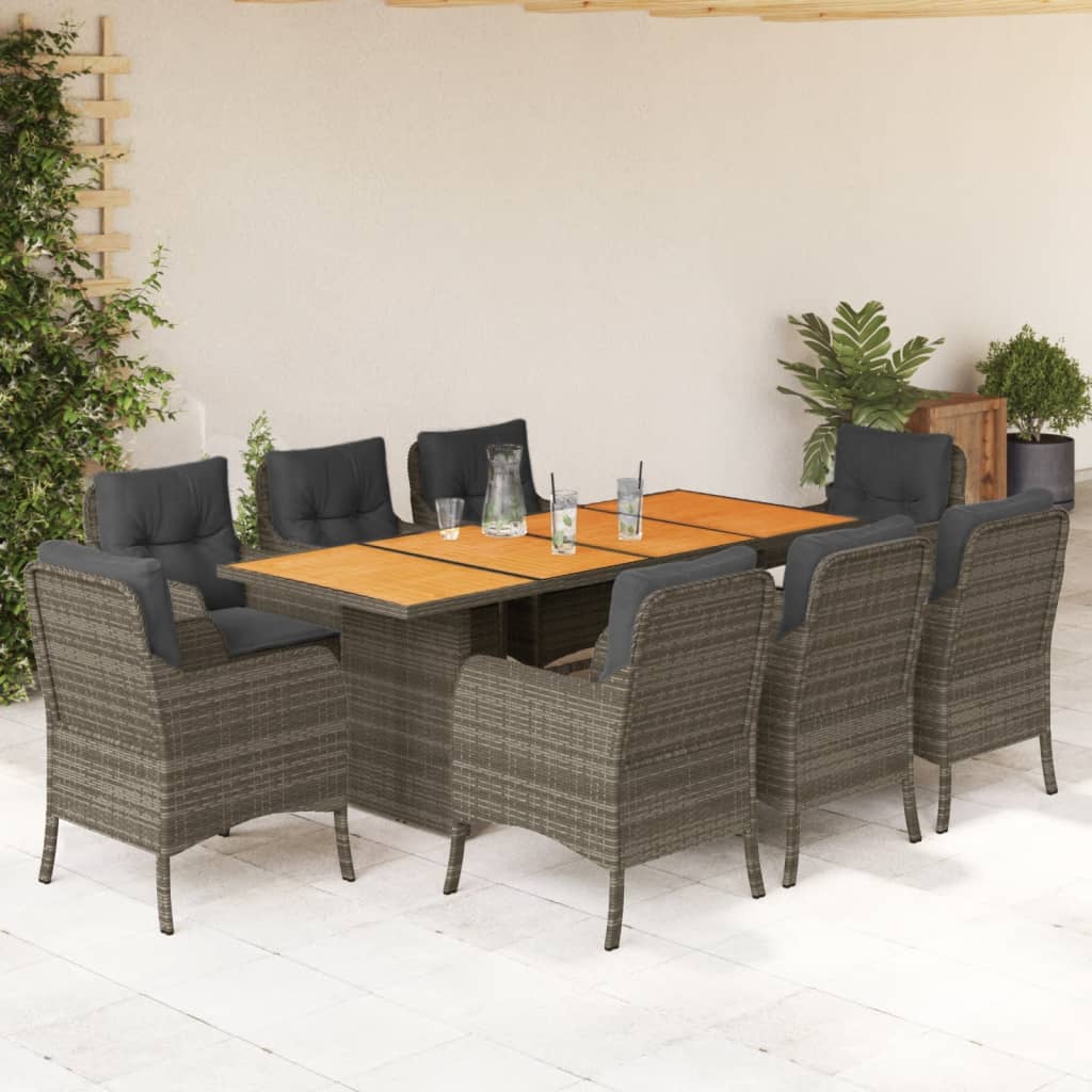 9-tlg. Garten-Essgruppe mit Kissen Grau Poly Rattan