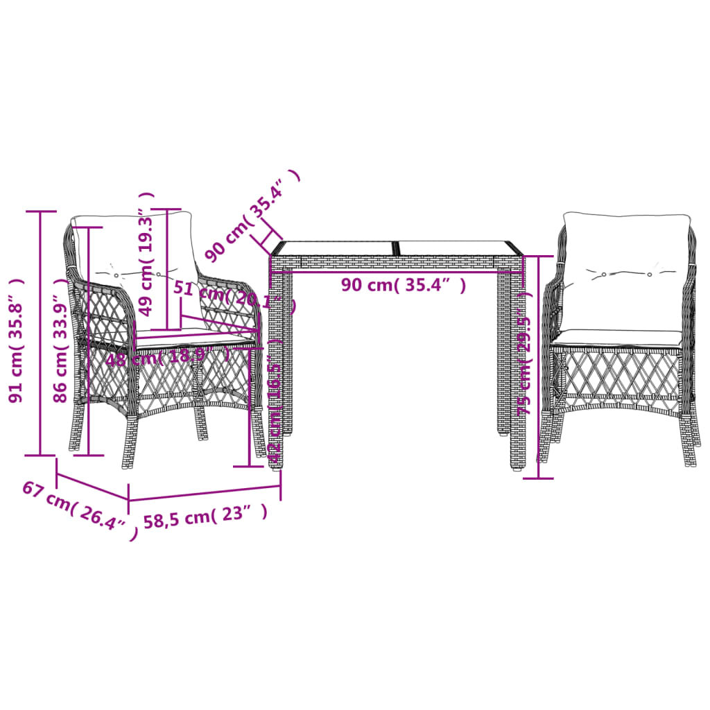 3-tlg. Bistro-Set mit Kissen Schwarz Poly Rattan