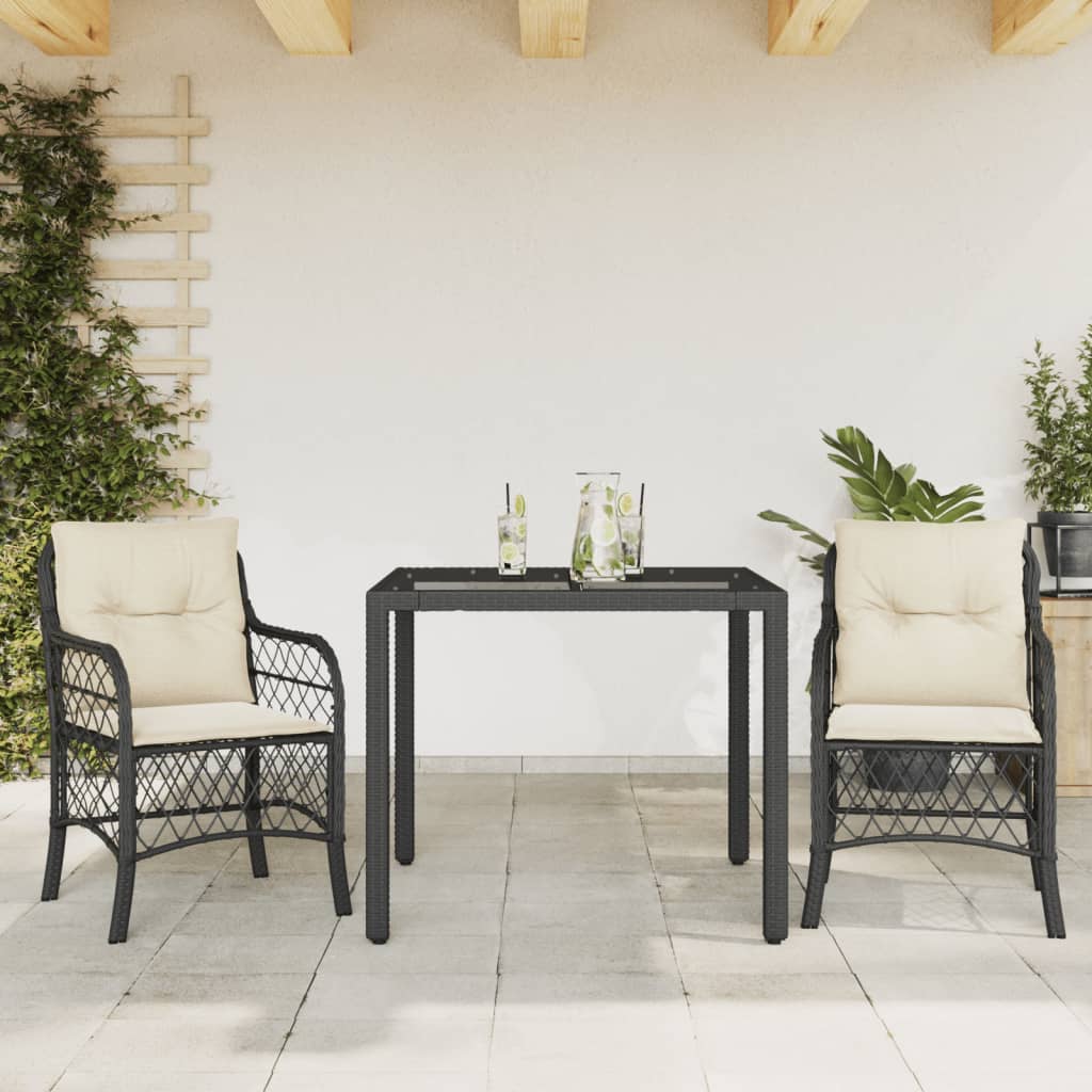 3-tlg. Bistro-Set mit Kissen Schwarz Poly Rattan