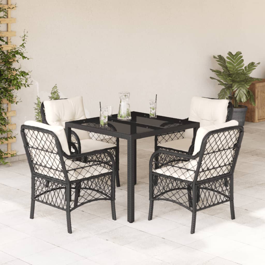 5-tlg. Garten-Essgruppe mit Kissen Schwarz Poly Rattan