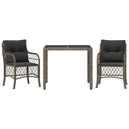 3-tlg. Bistro-Set mit Kissen Grau Poly Rattan