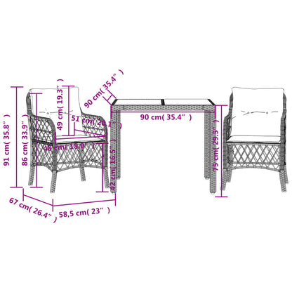 3-tlg. Bistro-Set mit Kissen Grau Poly Rattan