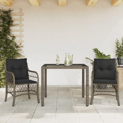 3-tlg. Bistro-Set mit Kissen Grau Poly Rattan