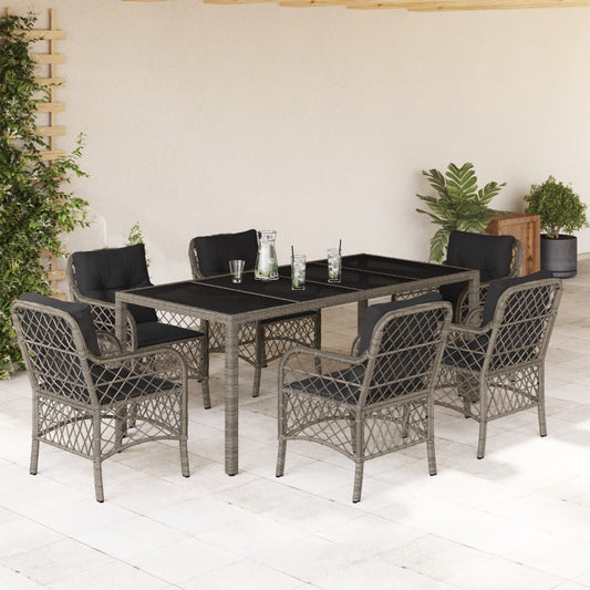 7-tlg. Garten-Essgruppe mit Kissen Grau Poly Rattan