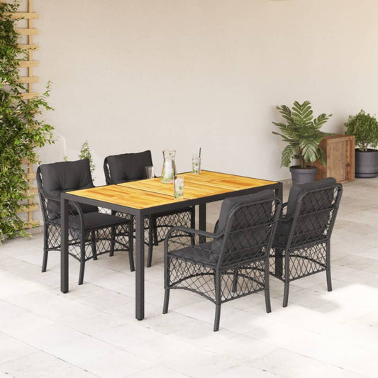 5-tlg. Garten-Essgruppe mit Kissen Schwarz Poly Rattan