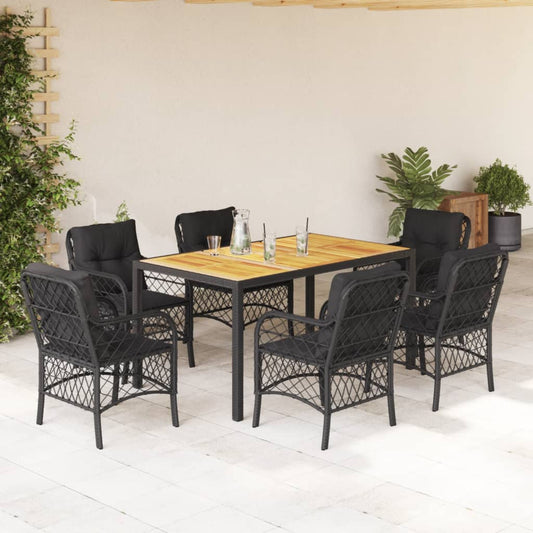 7-tlg. Garten-Essgruppe mit Kissen Schwarz Poly Rattan