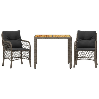 3-tlg. Bistro-Set mit Kissen Grau Poly Rattan