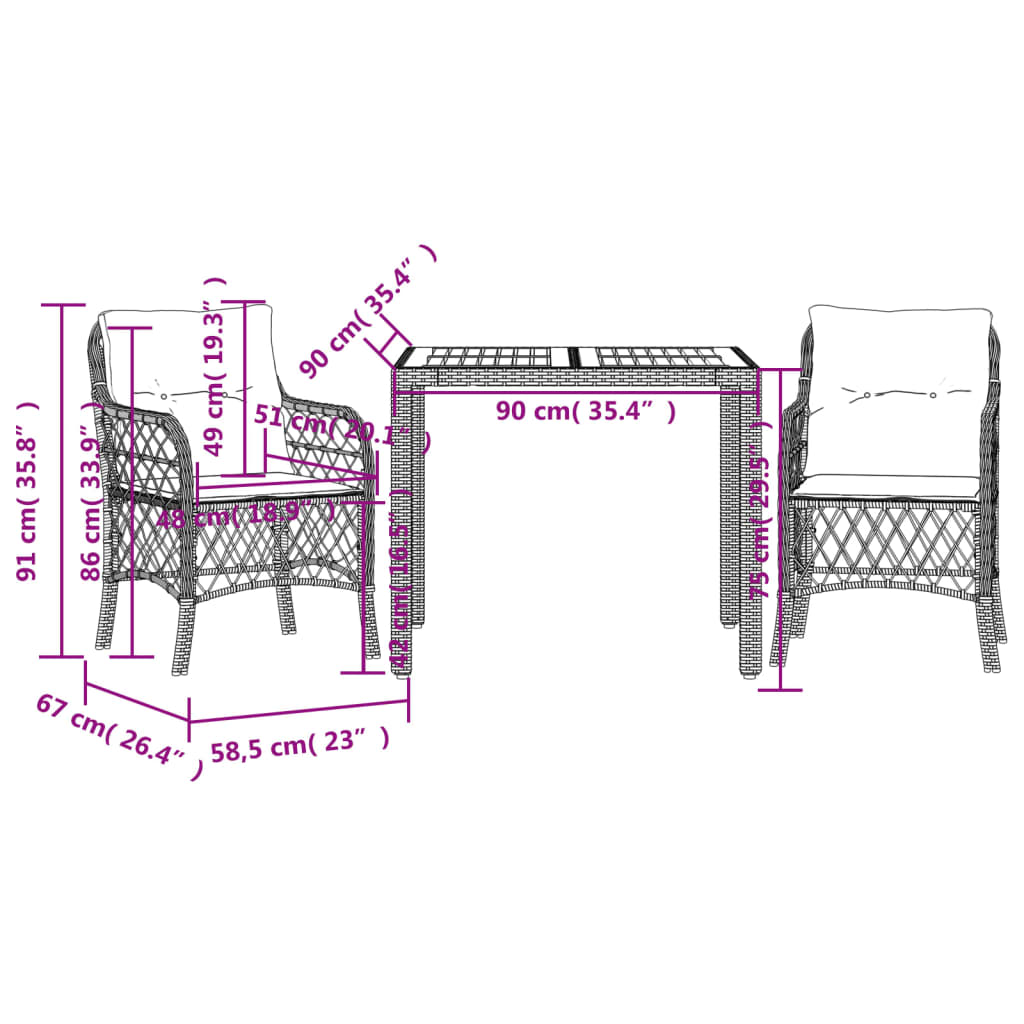 3-tlg. Bistro-Set mit Kissen Grau Poly Rattan