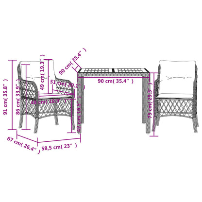 3-tlg. Bistro-Set mit Kissen Grau Poly Rattan