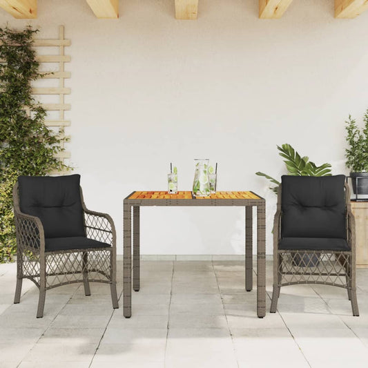 3-tlg. Bistro-Set mit Kissen Grau Poly Rattan