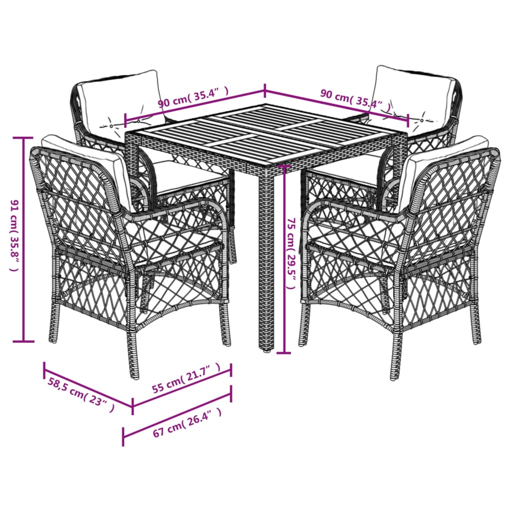 5-tlg. Garten-Essgruppe mit Kissen Grau Poly Rattan